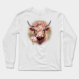 Highland Cow with Pink Flowers Long Sleeve T-Shirt